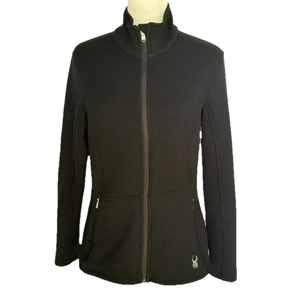 Spyder Women’s Ribbed Fleece Jacket Black Zip Up Mock Neck Activewear Outdoor Lg - Picture 1 of 10